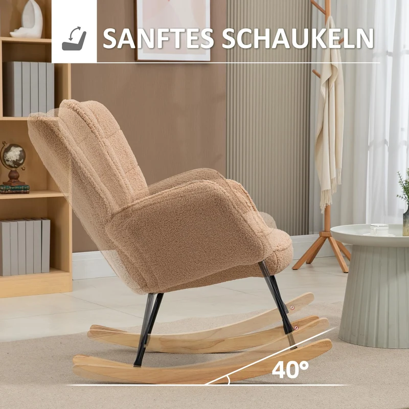 HOMCOM Schaukelstuhl, Schaukelsessel mit Berbervliesoptik, Armlehne, Gepolsterter Sessel mit Holzkufen, Relaxsessel für Wohnzimmer, Schlafzimmer, bis 120kg belastbar, Braun