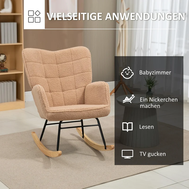 HOMCOM Schaukelstuhl, Schaukelsessel mit Berbervliesoptik, Armlehne, Gepolsterter Sessel mit Holzkufen, Relaxsessel für Wohnzimmer, Schlafzimmer, bis 120kg belastbar, Braun