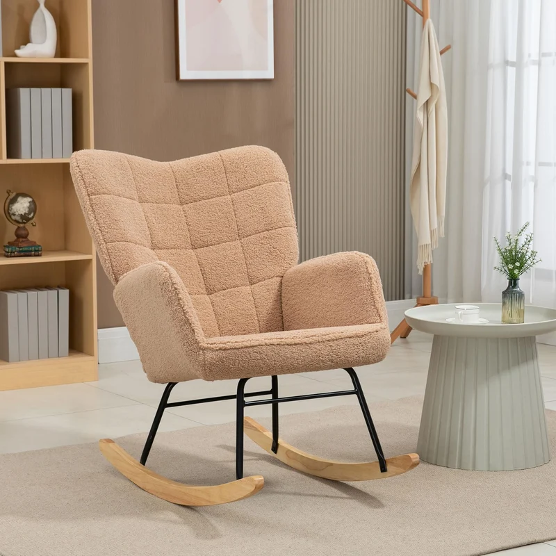 HOMCOM Schaukelstuhl, Schaukelsessel mit Berbervliesoptik, Armlehne, Gepolsterter Sessel mit Holzkufen, Relaxsessel für Wohnzimmer, Schlafzimmer, bis 120kg belastbar, Braun