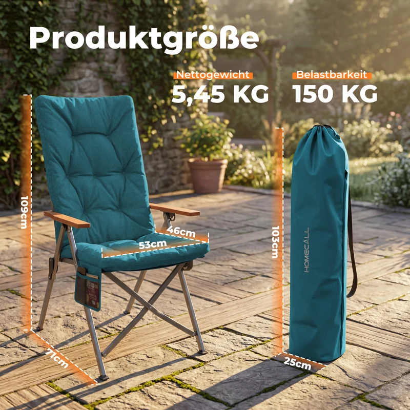 Campingstuhl klappbar mit Holzarmlehnen extra hoch – gepolsterter Outdoor-Klappstuhl, 4-fach verstellbar, bis 150 kg belastbar, Marineblau