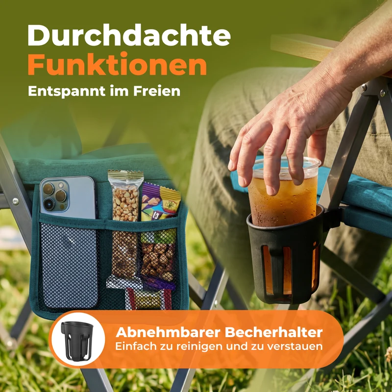 Campingstuhl klappbar mit Holzarmlehnen extra hoch – gepolsterter Outdoor-Klappstuhl, 4-fach verstellbar, bis 150 kg belastbar, Marineblau