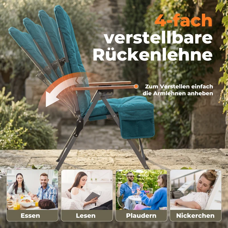 Campingstuhl klappbar mit Holzarmlehnen extra hoch – gepolsterter Outdoor-Klappstuhl, 4-fach verstellbar, bis 150 kg belastbar, Marineblau