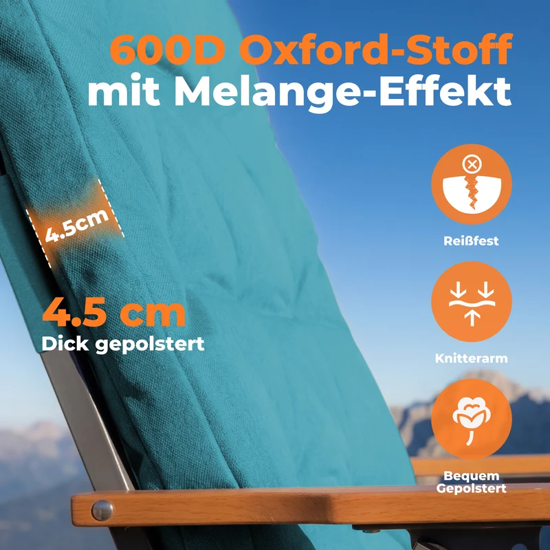 Campingstuhl klappbar mit Holzarmlehnen extra hoch – gepolsterter Outdoor-Klappstuhl, 4-fach verstellbar, bis 150 kg belastbar, Marineblau
