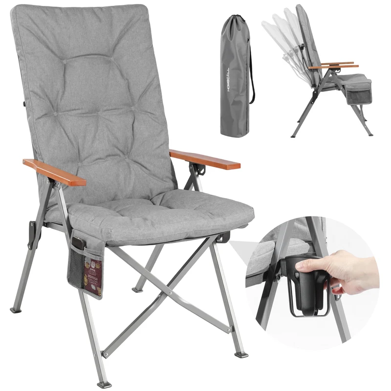 Campingstuhl klappbar mit Holzarmlehnen extra hoch – gepolsterter Outdoor-Klappstuhl, 4-fach verstellbar, bis 150 kg belastbar, Hellgrau