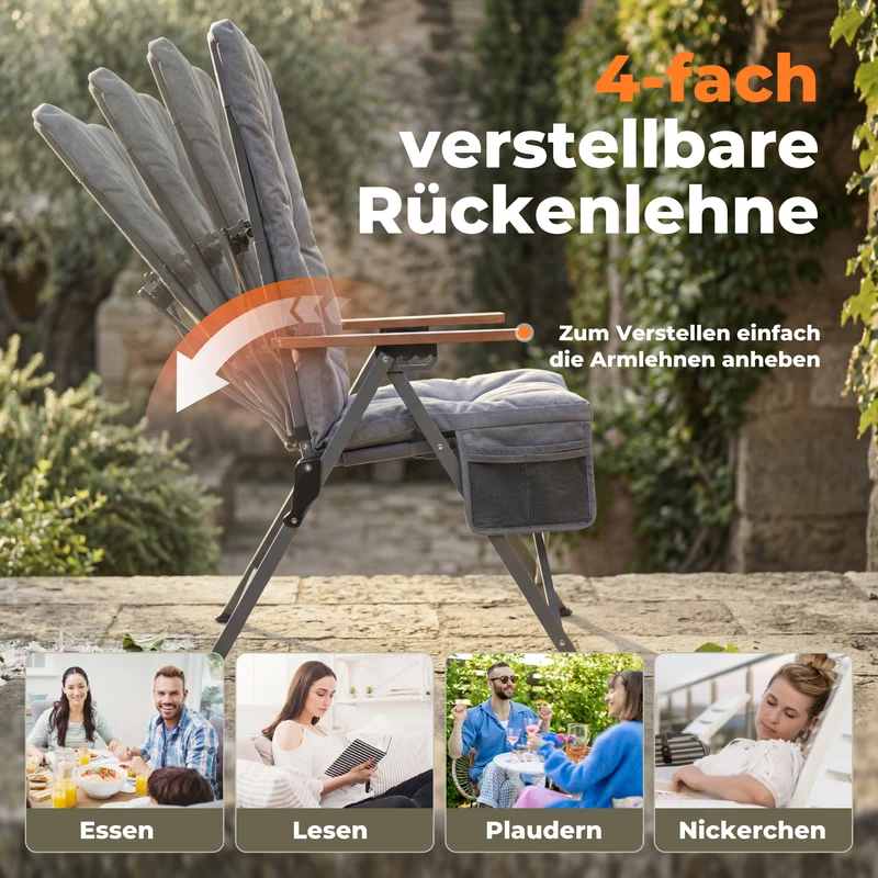 Campingstuhl klappbar mit Holzarmlehnen extra hoch – gepolsterter Outdoor-Klappstuhl, 4-fach verstellbar, bis 150 kg belastbar, Hellgrau