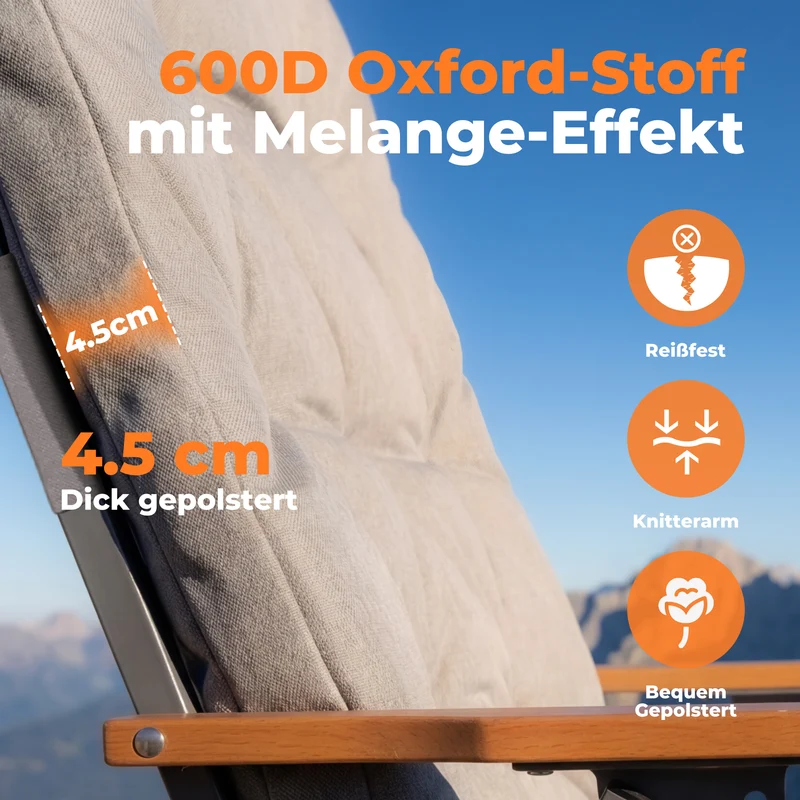 Campingstuhl klappbar mit Holzarmlehnen extra hoch – gepolsterter Outdoor-Klappstuhl, 4-fach verstellbar, bis 150 kg belastbar, Hellgrau