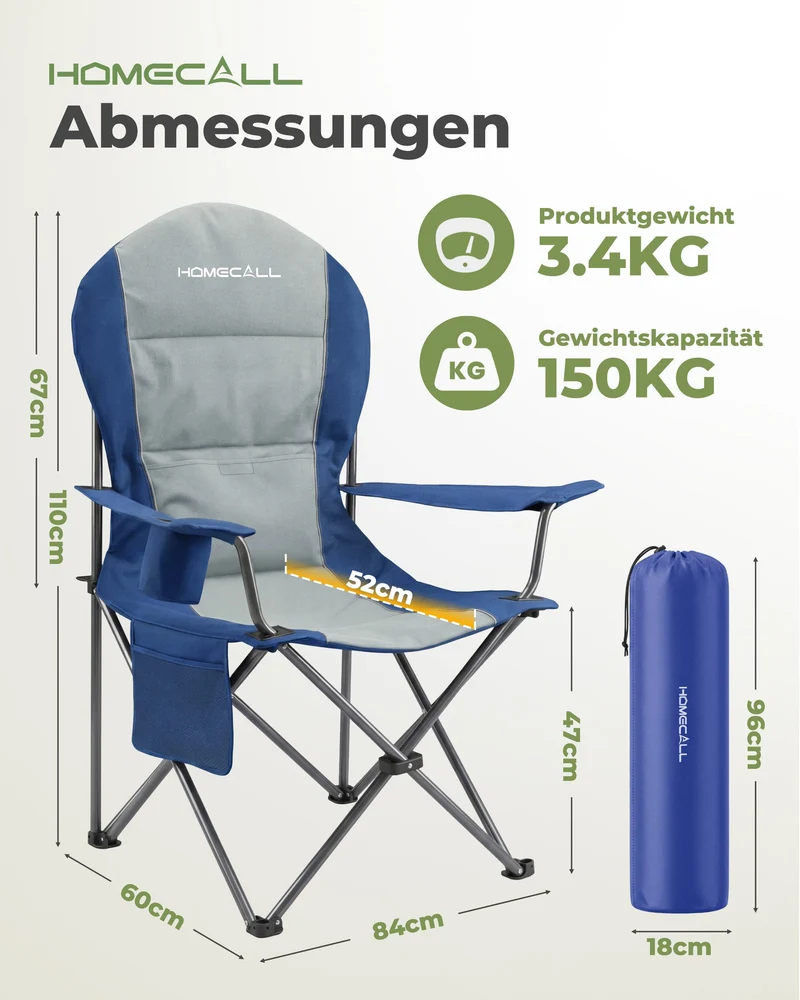 Campingstuhl faltbarer Hochlehner – gepolsterter Outdoor-Klappstuhl bis 150 kg, leicht und stabil, blau