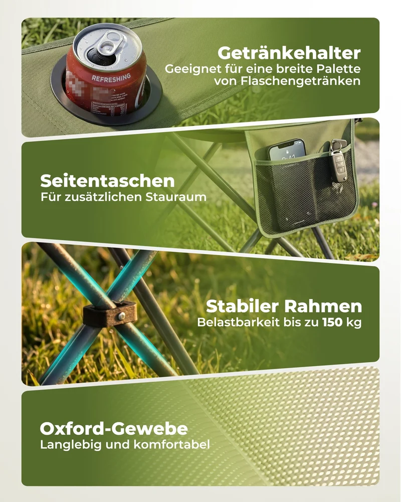 Campingstuhl faltbar Hochlehner – gepolsterter Outdoor-Klappstuhl bis 150 kg, leicht und stabil, grün