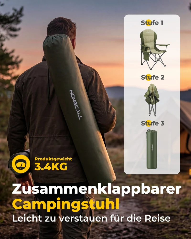 Campingstuhl faltbar Hochlehner – gepolsterter Outdoor-Klappstuhl bis 150 kg, leicht und stabil, grün