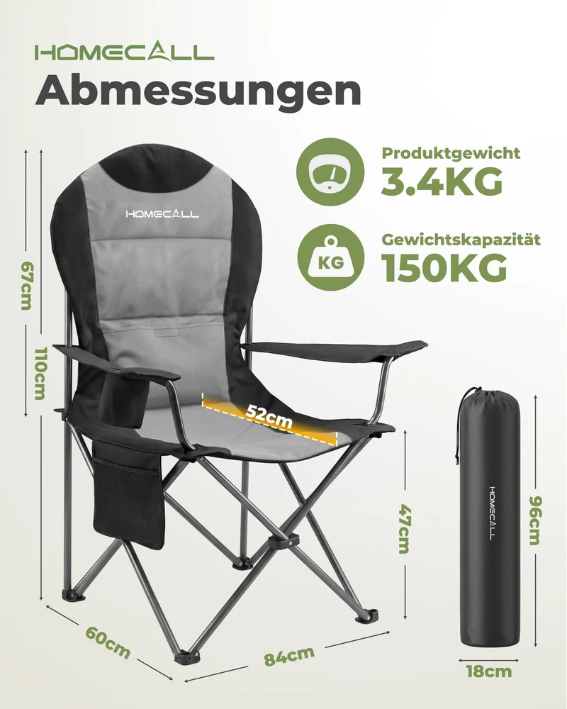 Campingstuhl faltbar Hochlehner – gepolsterter Outdoor-Klappstuhl bis 150 kg, leicht und stabil, grau