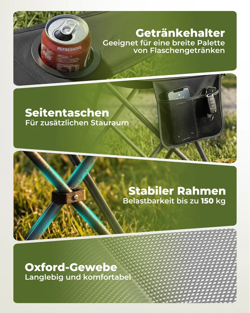 Campingstuhl faltbar Hochlehner – gepolsterter Outdoor-Klappstuhl bis 150 kg, leicht und stabil, grau