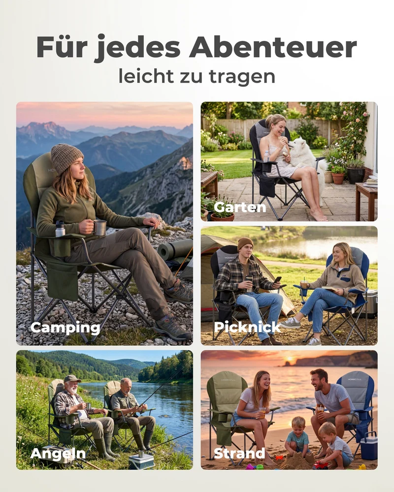 Campingstuhl faltbar Hochlehner – gepolsterter Outdoor-Klappstuhl bis 150 kg, leicht und stabil, grau