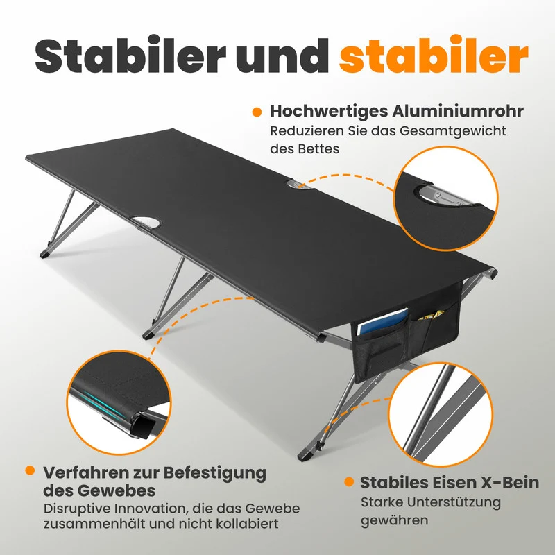 XXL Campingbett klappbar bis 200 kg – stabiles Feldbett mit Tragetasche, faltbar und extra groß