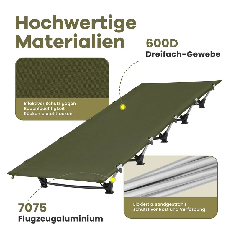 Campingbett klappbar bis 150 kg – faltbares Feldbett aus Aluminium, kompakt und ultraleicht, grün