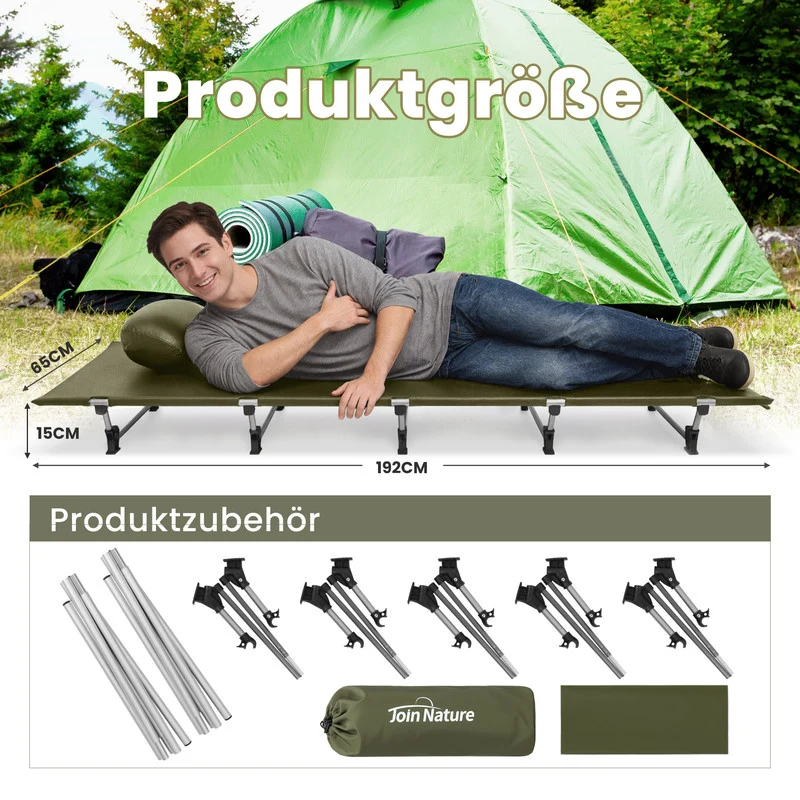 Campingbett klappbar bis 150 kg – faltbares Feldbett aus Aluminium, kompakt und ultraleicht, grün