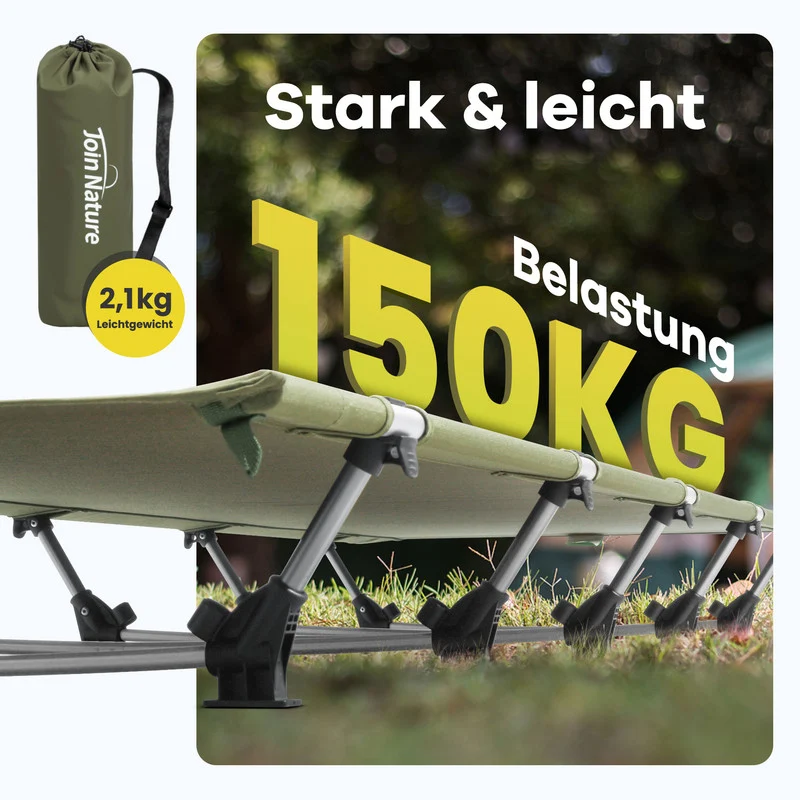 Campingbett klappbar bis 150 kg – faltbares Feldbett aus Aluminium, kompakt und ultraleicht, grün