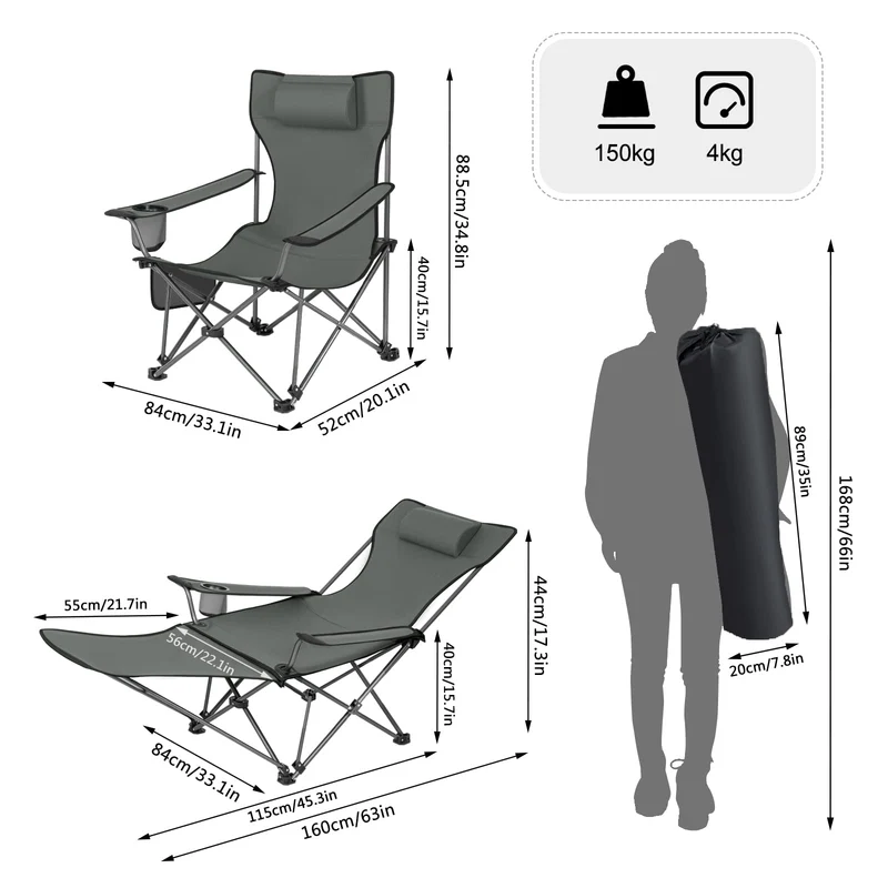 WOLTU Campingstuhl klappbarer Angelstuhl ultraleichter Stuhl Liegestuhl mit Lehne Fußstütze Getränkehalter Aufbewahrungstasche Sonnenstuhl belastbar 150 kg Faltstuhl aus Oxford-Gewebe Grau
