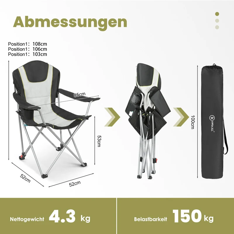 Campingstuhl klappbar – Gepolsterter Angelstuhl mit 3-fach verstellbarer Rückenlehne, Getränkehalter und Tragetasche, bis 150 kg belastbar