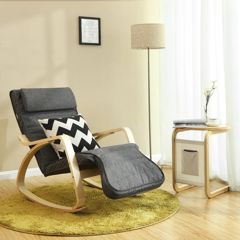 SONGMICS Schaukelstuhl, Relaxstuhl, 5-Fach verstellbare Fußstütze, bis 150 kg belastbar, Gestell aus Birkenholz, Abnehmbarer Bezug des Kopfkissens, 125 x 67 x 91 cm, dunkelgrau LYY42GYZ