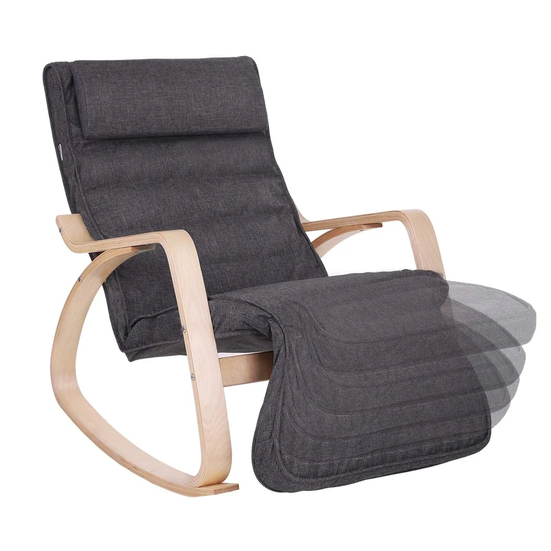 SONGMICS Schaukelstuhl, Relaxstuhl, 5-Fach verstellbare Fußstütze, bis 150 kg belastbar, Gestell aus Birkenholz, Abnehmbarer Bezug des Kopfkissens, 125 x 67 x 91 cm, dunkelgrau LYY42GYZ