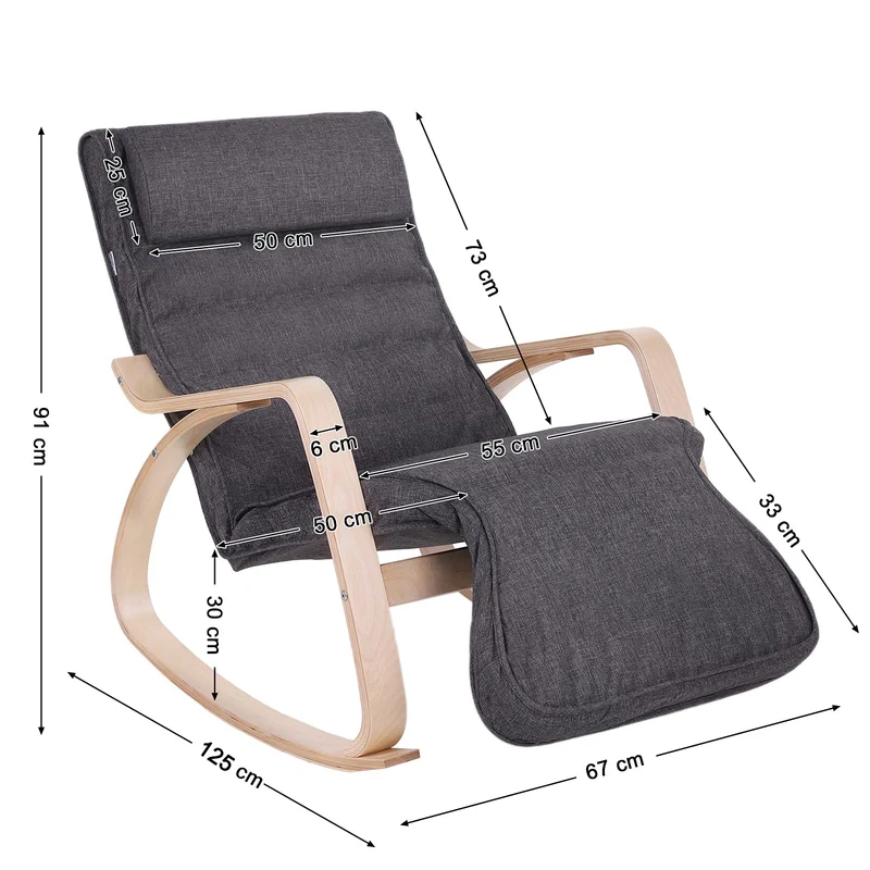 SONGMICS Schaukelstuhl, Relaxstuhl, 5-Fach verstellbare Fußstütze, bis 150 kg belastbar, Gestell aus Birkenholz, Abnehmbarer Bezug des Kopfkissens, 125 x 67 x 91 cm, dunkelgrau LYY42GYZ