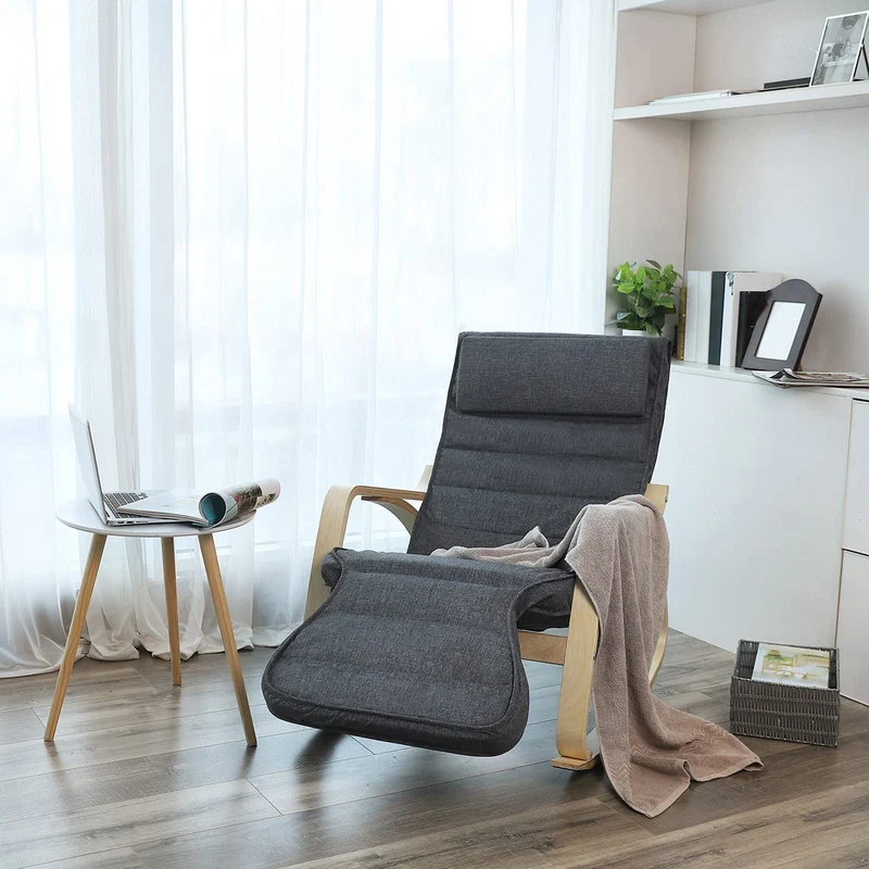 SONGMICS Schaukelstuhl, Relaxstuhl, 5-Fach verstellbare Fußstütze, bis 150 kg belastbar, Gestell aus Birkenholz, Abnehmbarer Bezug des Kopfkissens, 125 x 67 x 91 cm, dunkelgrau LYY42GYZ