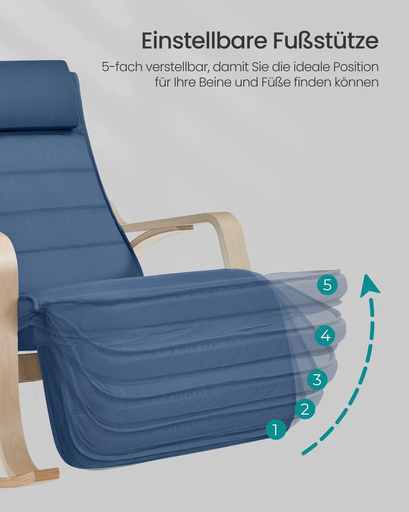 SONGMICS Schaukelstuhl aus Birkenholz, Schaukelsessel, 5-Fach verstellbare Fußstütze, Bezug aus Baumwolle, bis 150 kg belastbar, Wohnzimmer, Schlafzimmer, mitternachtsblau LYY041Q01