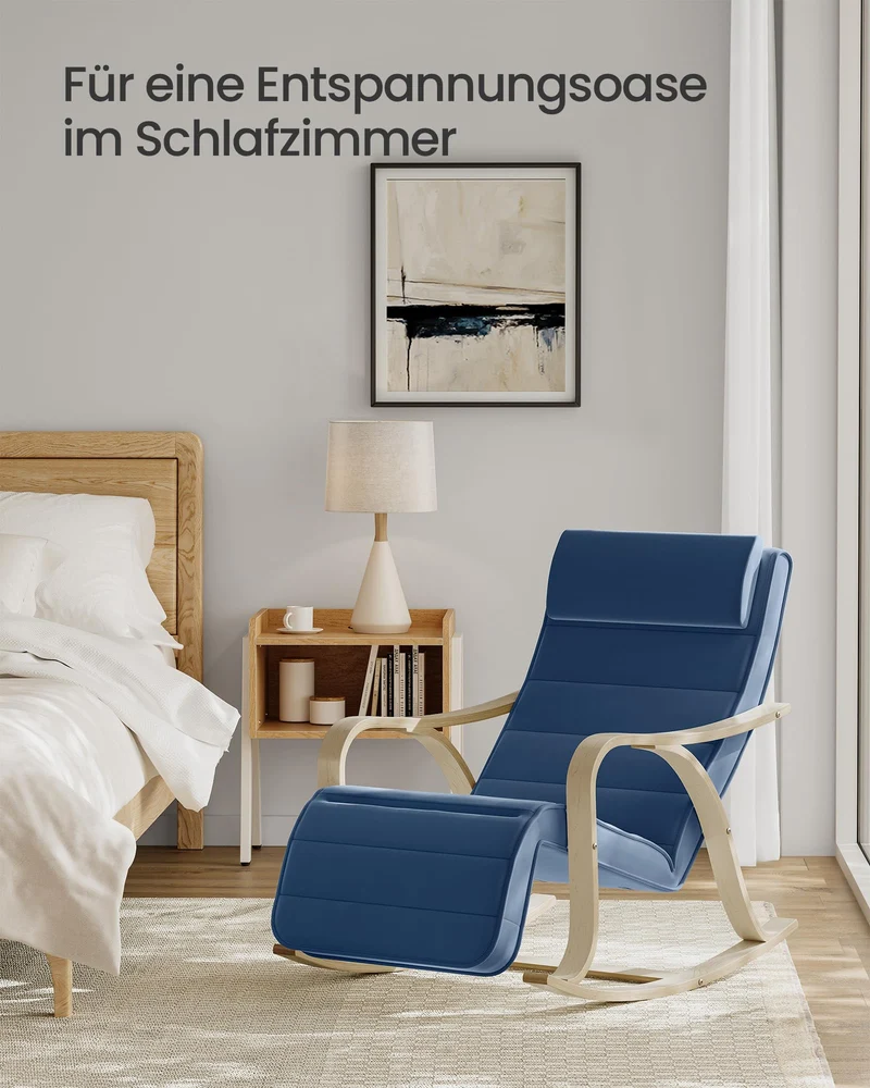 SONGMICS Schaukelstuhl aus Birkenholz, Schaukelsessel, 5-Fach verstellbare Fußstütze, Bezug aus Baumwolle, bis 150 kg belastbar, Wohnzimmer, Schlafzimmer, mitternachtsblau LYY041Q01