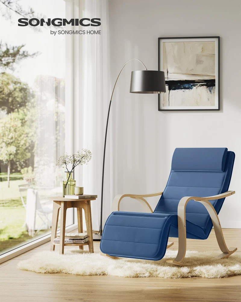 SONGMICS Schaukelstuhl aus Birkenholz, Schaukelsessel, 5-Fach verstellbare Fußstütze, Bezug aus Baumwolle, bis 150 kg belastbar, Wohnzimmer, Schlafzimmer, mitternachtsblau LYY041Q01