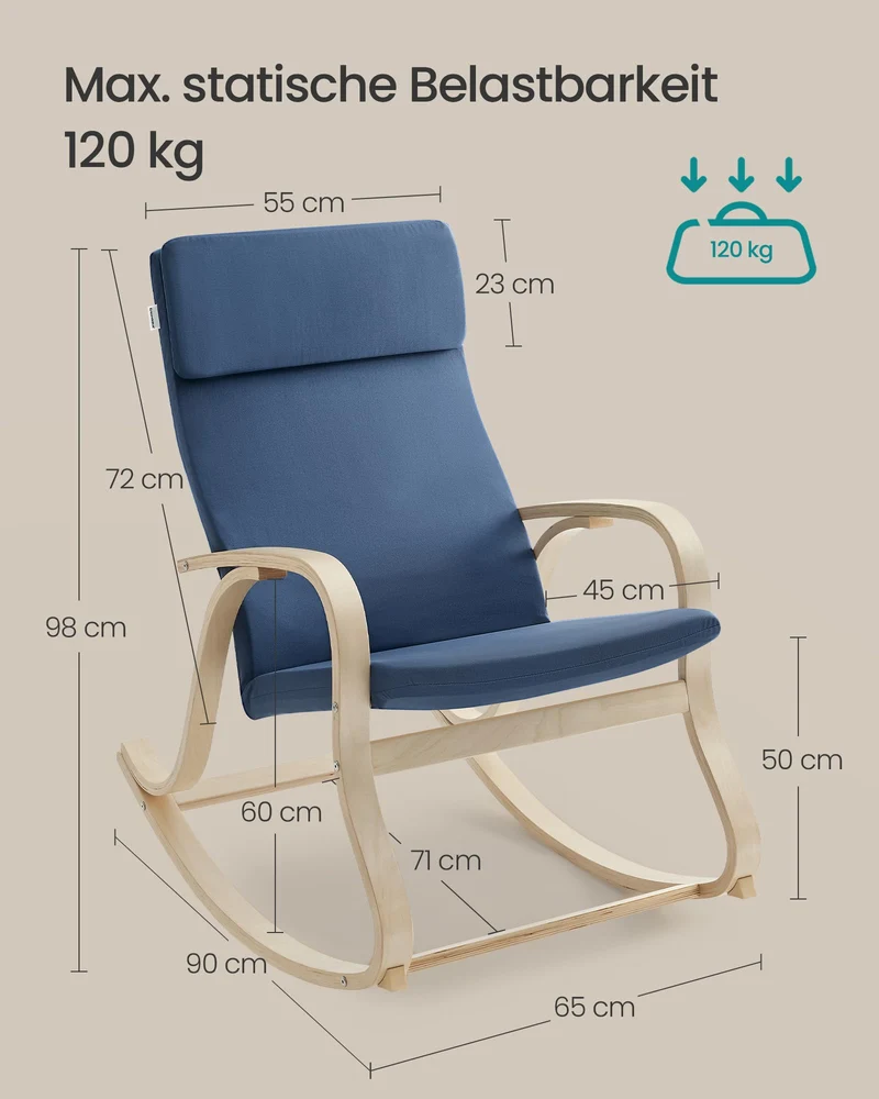 SONGMICS Schaukelstuhl, Schwingsessel, Relaxstuhl, Belastbarkeit 120 kg, Gestell aus Birkenholz, Bezug aus Baumwolle, mitternachtsblau LYY030Q01