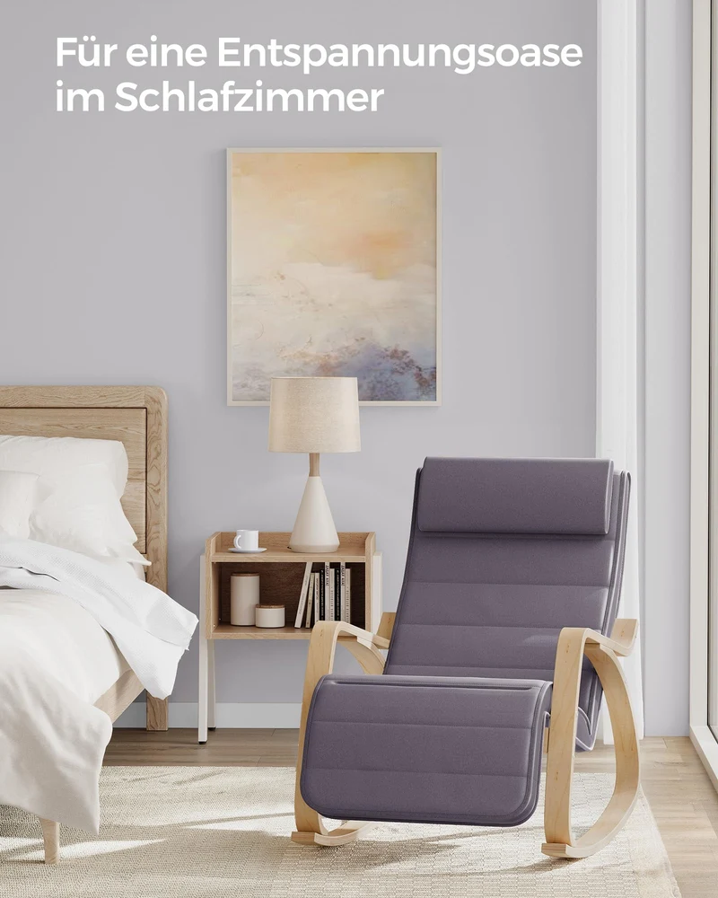 SONGMICS Schaukelstuhl, mit Armlehnen aus Birkenholz, Schaukelsessel, 5-fach verstellbare Fußstütze, bis 150 kg belastbar, für Schlafzimmer, Wohnzimmer, hellgrau-naturfarben LYY010G01