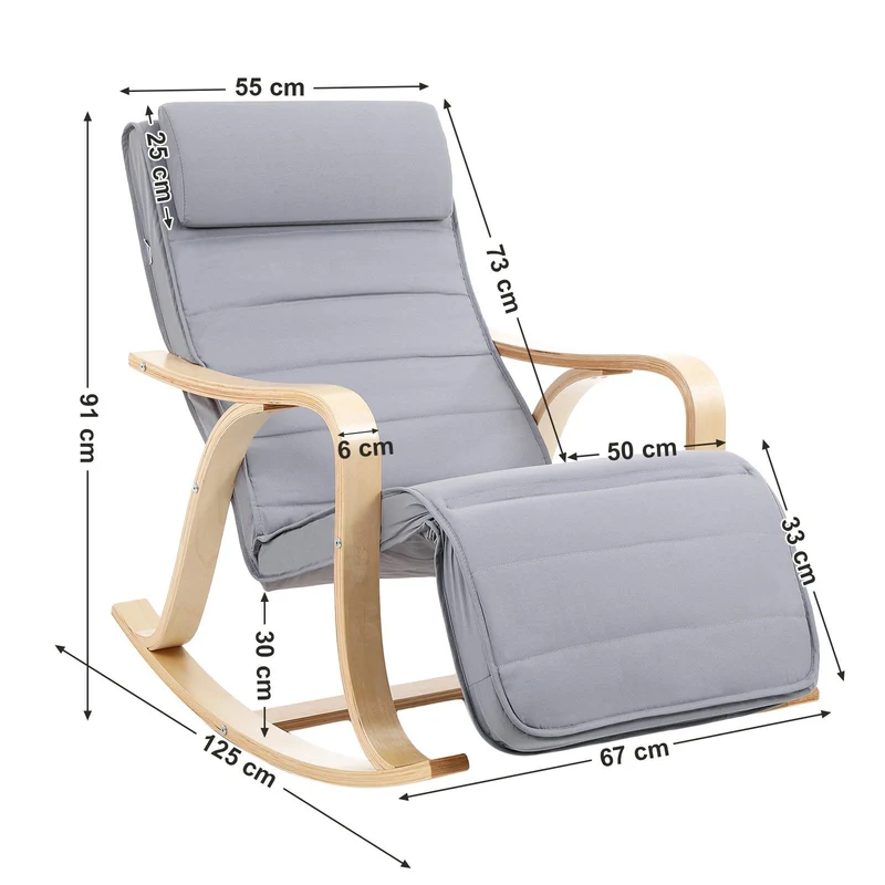 SONGMICS Schaukelstuhl aus Birkenholz, Schaukelsessel, 5-fach verstellbare Fußstütze, Bezug aus Baumwolle, bis 150 kg belastbar, Wohnzimmer, Schlafzimmer, hellgrau LYY41G, 67 x 125 x 91 cm