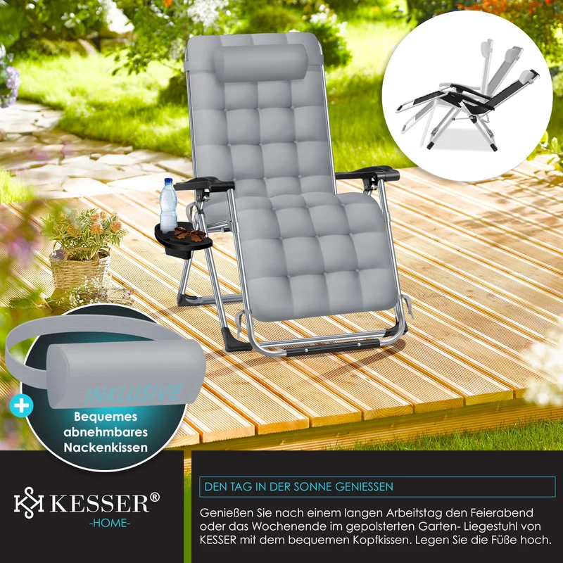 KESSER® Sonnenliege Liegestuhl Klappbar & Wetterfest, Gartenstuhl Belastbar 200kg Ergonomisches Polster Extra Breit Verstellbare Rückenlehne Gartenliege inkl. Nackenkissen & Getränkehalter, Grau