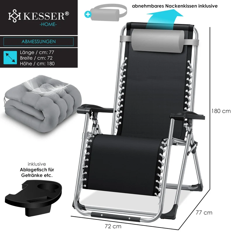 KESSER® Sonnenliege Liegestuhl Klappbar & Wetterfest, Gartenstuhl Belastbar 200kg Ergonomisches Polster Extra Breit Verstellbare Rückenlehne Gartenliege inkl. Nackenkissen & Getränkehalter, Grau