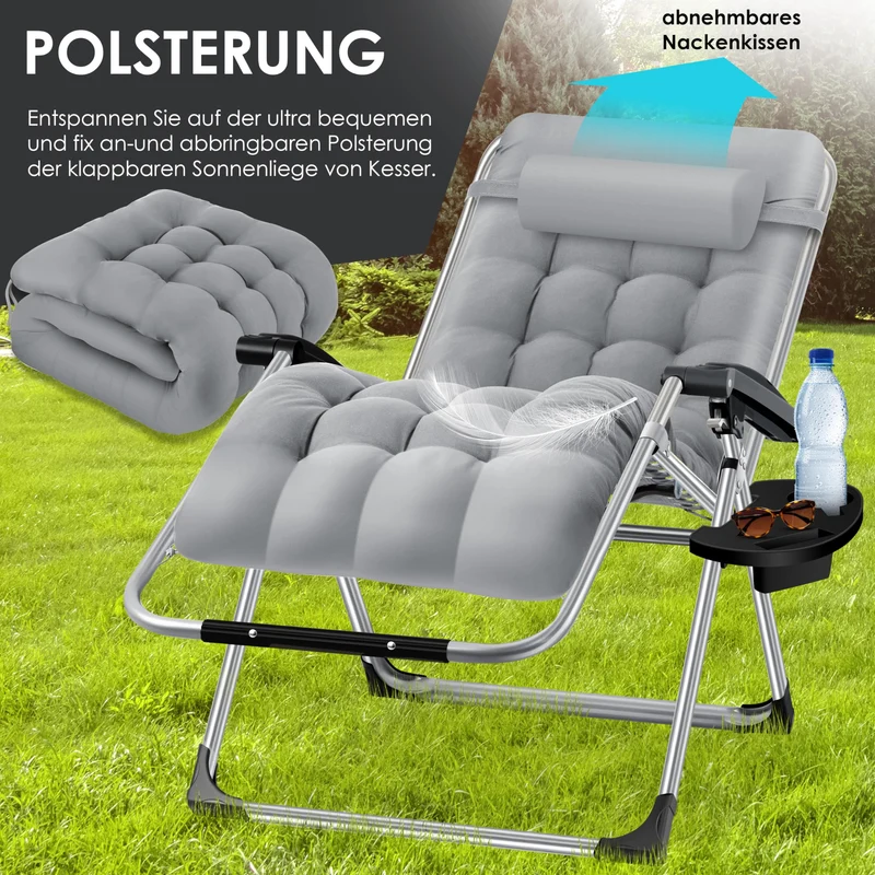 KESSER® Sonnenliege Liegestuhl Klappbar & Wetterfest, Gartenstuhl Belastbar 200kg Ergonomisches Polster Extra Breit Verstellbare Rückenlehne Gartenliege inkl. Nackenkissen & Getränkehalter, Grau