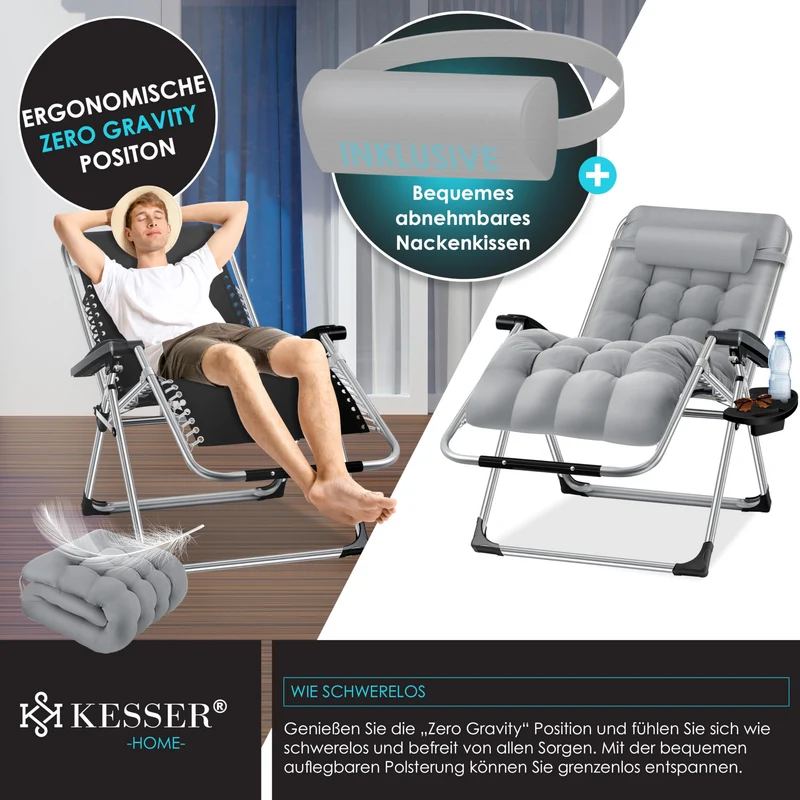 KESSER® Sonnenliege Liegestuhl Klappbar & Wetterfest, Gartenstuhl Belastbar 200kg Ergonomisches Polster Extra Breit Verstellbare Rückenlehne Gartenliege inkl. Nackenkissen & Getränkehalter, Grau