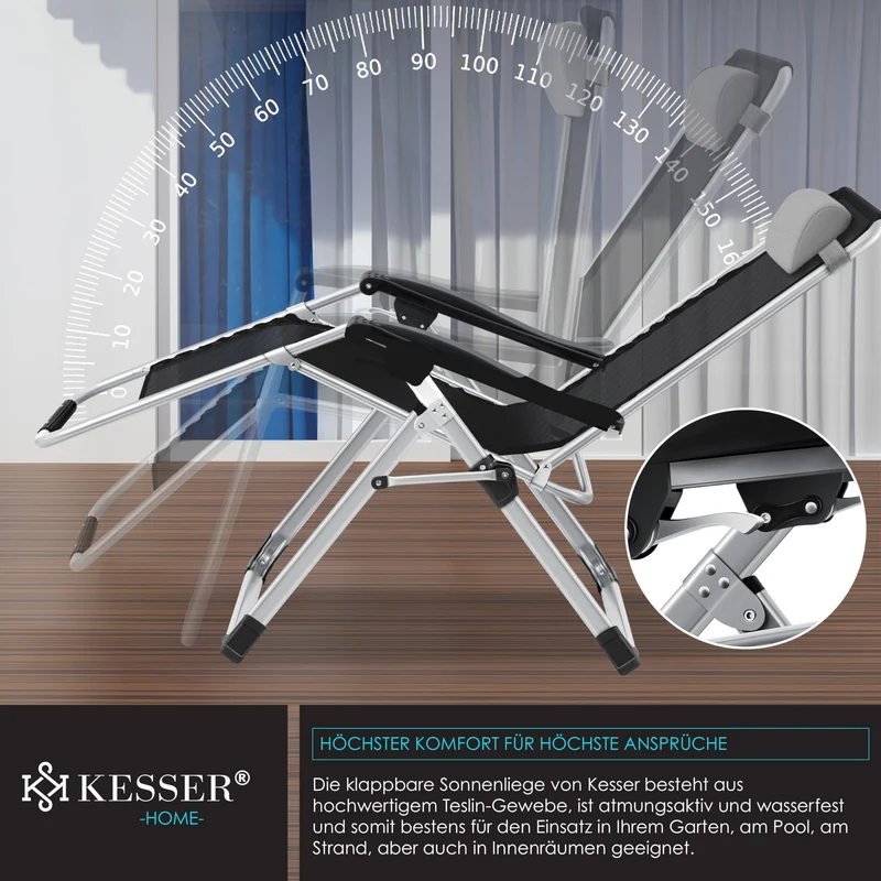 KESSER® Sonnenliege Liegestuhl Klappbar & Wetterfest, Gartenstuhl Belastbar 200kg Ergonomisches Polster Extra Breit Verstellbare Rückenlehne Gartenliege inkl. Nackenkissen & Getränkehalter, Grau