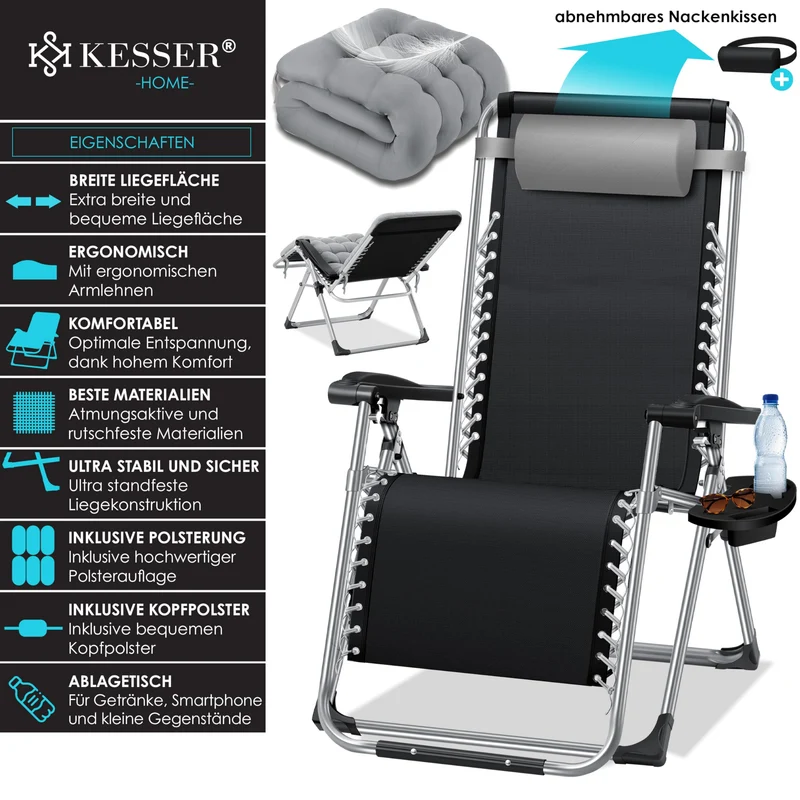 KESSER® Sonnenliege Liegestuhl Klappbar & Wetterfest, Gartenstuhl Belastbar 200kg Ergonomisches Polster Extra Breit Verstellbare Rückenlehne Gartenliege inkl. Nackenkissen & Getränkehalter, Grau