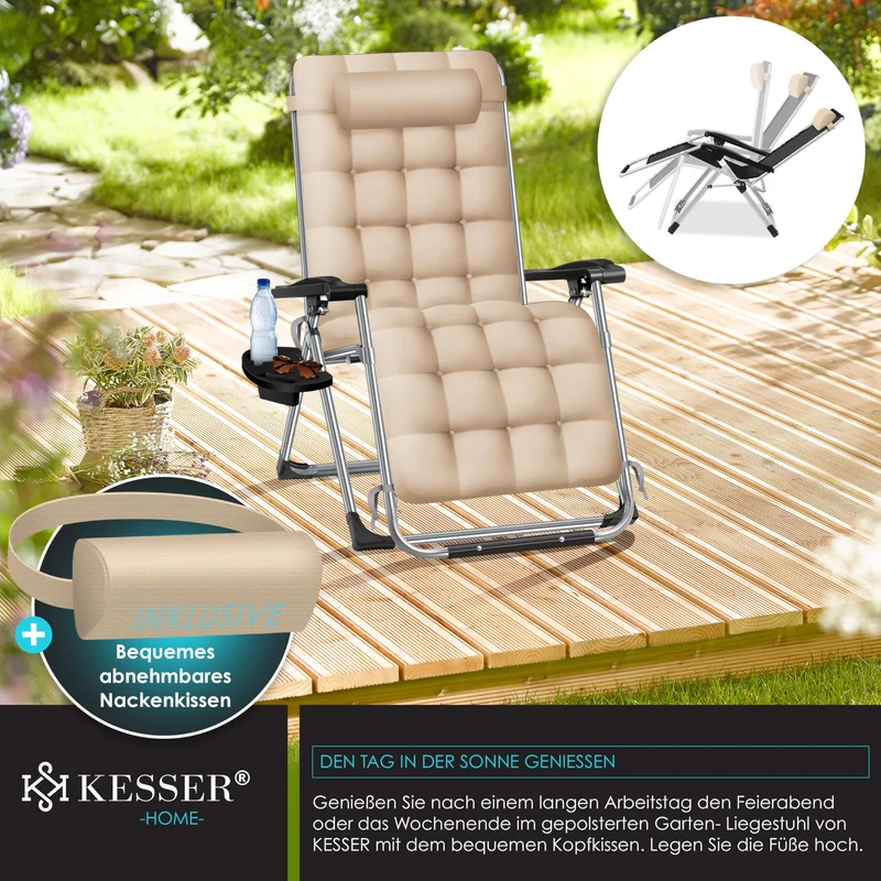 KESSER® Sonnenliege Liegestuhl Klappbar & Wetterfest, Gartenstuhl Belastbar 200kg Ergonomisches Polster Extra Breit Verstellbare Rückenlehne Gartenliege inkl. Nackenkissen & Getränkehalter, Beige