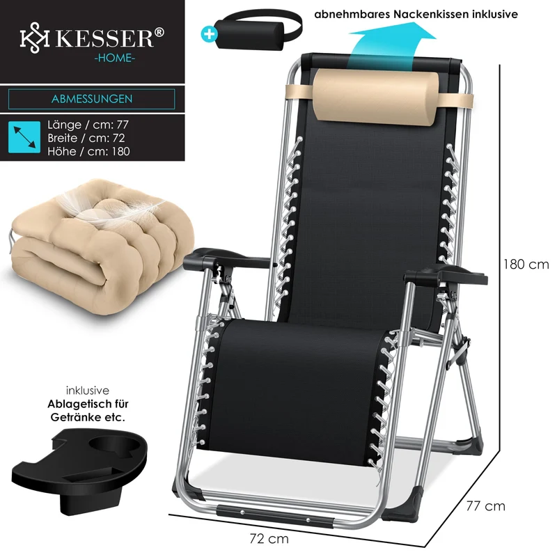 KESSER® Sonnenliege Liegestuhl Klappbar & Wetterfest, Gartenstuhl Belastbar 200kg Ergonomisches Polster Extra Breit Verstellbare Rückenlehne Gartenliege inkl. Nackenkissen & Getränkehalter, Beige