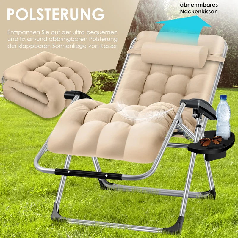 KESSER® Sonnenliege Liegestuhl Klappbar & Wetterfest, Gartenstuhl Belastbar 200kg Ergonomisches Polster Extra Breit Verstellbare Rückenlehne Gartenliege inkl. Nackenkissen & Getränkehalter, Beige