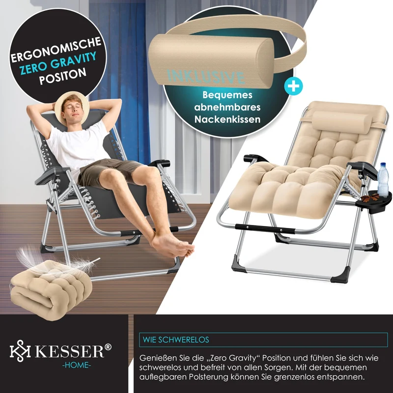 KESSER® Sonnenliege Liegestuhl Klappbar & Wetterfest, Gartenstuhl Belastbar 200kg Ergonomisches Polster Extra Breit Verstellbare Rückenlehne Gartenliege inkl. Nackenkissen & Getränkehalter, Beige