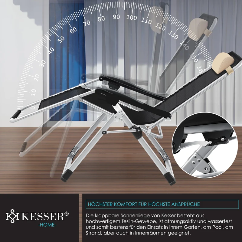 KESSER® Sonnenliege Liegestuhl Klappbar & Wetterfest, Gartenstuhl Belastbar 200kg Ergonomisches Polster Extra Breit Verstellbare Rückenlehne Gartenliege inkl. Nackenkissen & Getränkehalter, Beige