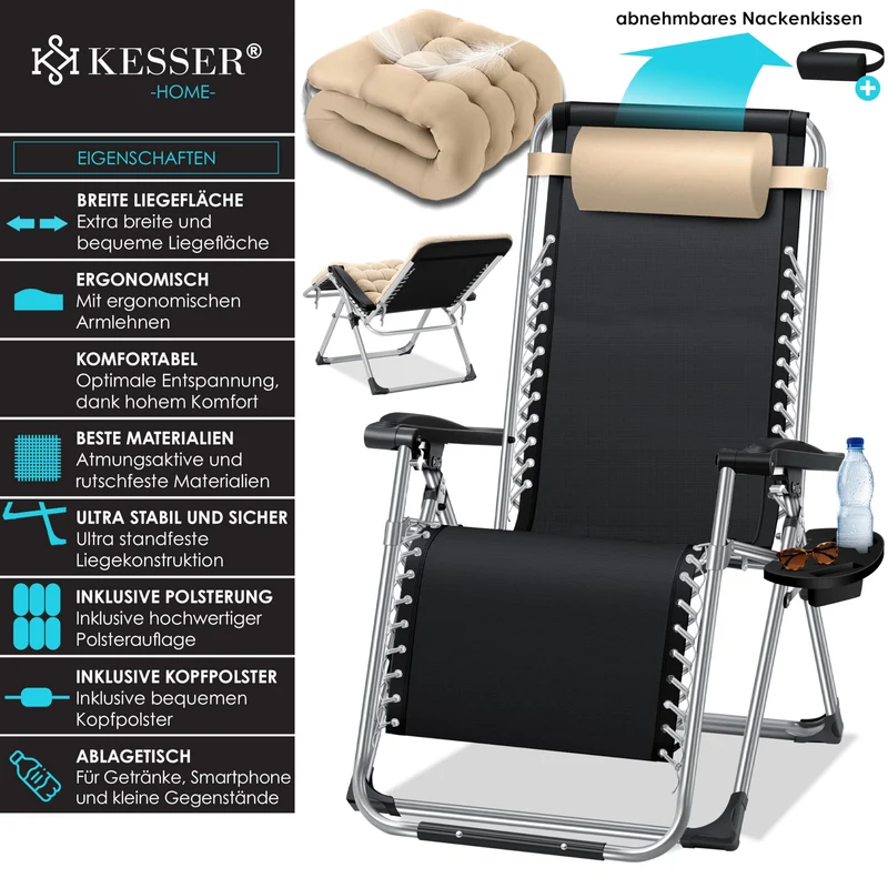 KESSER® Sonnenliege Liegestuhl Klappbar & Wetterfest, Gartenstuhl Belastbar 200kg Ergonomisches Polster Extra Breit Verstellbare Rückenlehne Gartenliege inkl. Nackenkissen & Getränkehalter, Beige