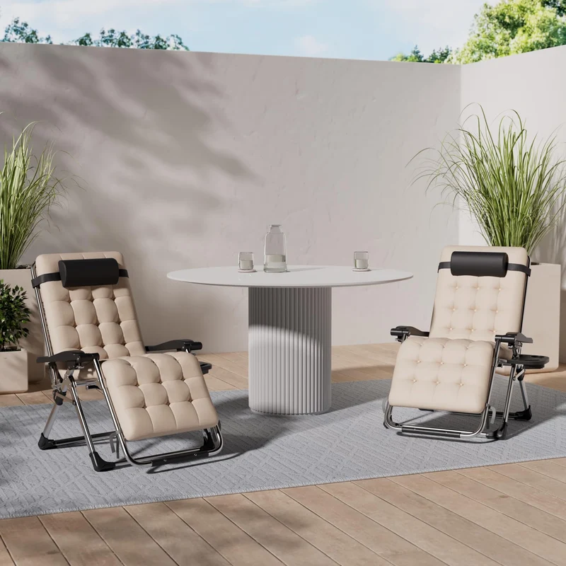 KESSER® Sonnenliege Liegestuhl Klappbar & Wetterfest, Gartenstuhl Belastbar 200kg Ergonomisches Polster Extra Breit Verstellbare Rückenlehne Gartenliege inkl. Nackenkissen & Getränkehalter, Beige