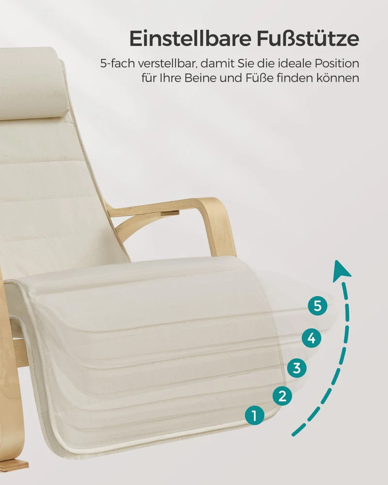 SONGMICS Schaukelstuhl, mit Armlehnen aus Birkenholz, Schaukelsessel, 5-fach verstellbare Fußstütze, bis 150 kg belastbar, für Schlafzimmer, Wohnzimmer, beige-naturfarben LYY10M