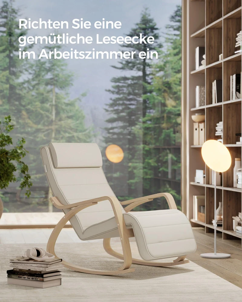 SONGMICS Schaukelstuhl, mit Armlehnen aus Birkenholz, Schaukelsessel, 5-fach verstellbare Fußstütze, bis 150 kg belastbar, für Schlafzimmer, Wohnzimmer, beige-naturfarben LYY10M