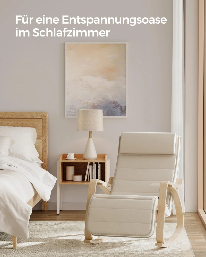 SONGMICS Schaukelstuhl, mit Armlehnen aus Birkenholz, Schaukelsessel, 5-fach verstellbare Fußstütze, bis 150 kg belastbar, für Schlafzimmer, Wohnzimmer, beige-naturfarben LYY10M