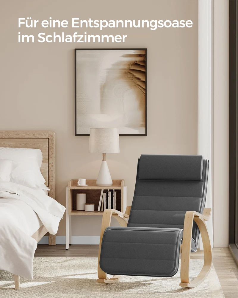 SONGMICS Schaukelstuhl, mit Armlehnen aus Birkenholz, Schaukelsessel, 5-fach verstellbare Fußstütze, bis 150 kg belastbar, für Schlafzimmer, Wohnzimmer, dunkelgrau-naturfarben LYY10G