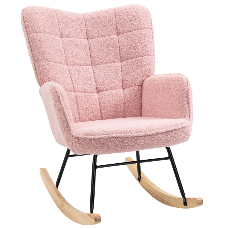 HOMCOM Schaukelstuhl, Schaukelsessel mit Berbervliesoptik, Armlehne, Gepolsterter Sessel mit Holzkufen, Relaxsessel für Wohnzimmer, Schlafzimmer, bis 120kg belastbar, Rosa